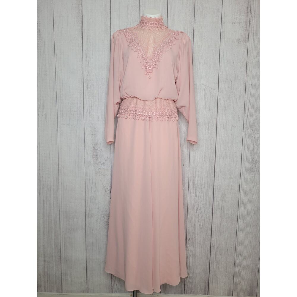 Vintage 80s Pink Prairie Floral Lace High Neck Blouson Maxi Dress Womens Size 8